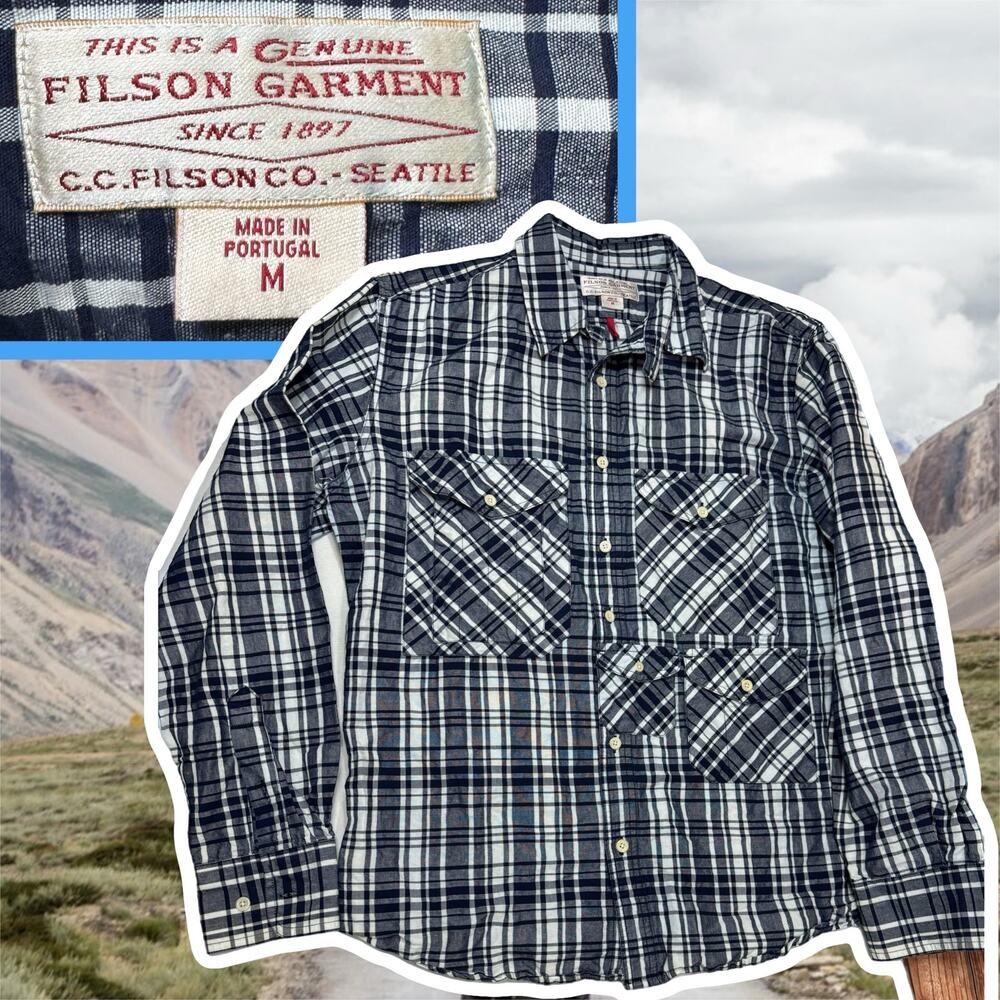 Filson Field Flannel Shirt Blue White Plaid Mens Med Extra Pocket
